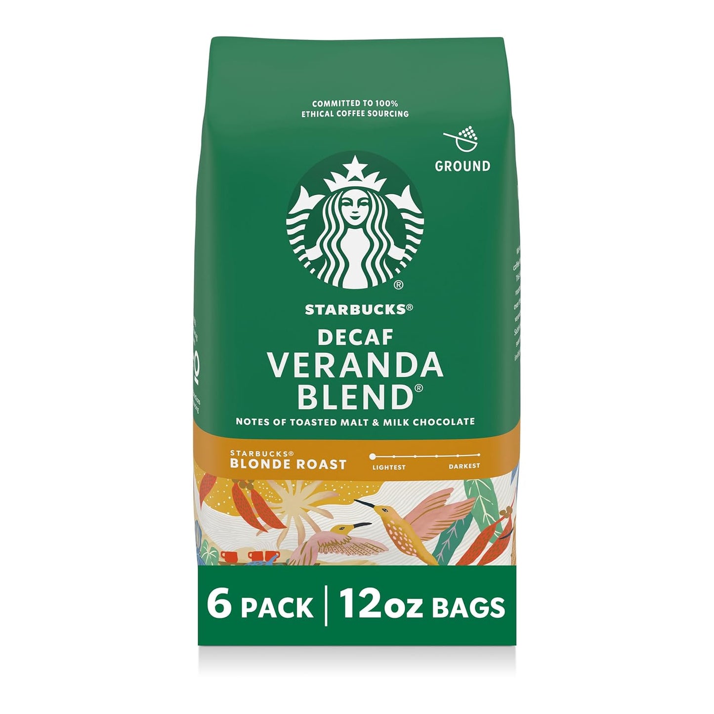 Starbucks Ground Coffee, Blonde Roast Hot or Iced Coffee, Decaf Veranda Blend, Six 12 oz Bags