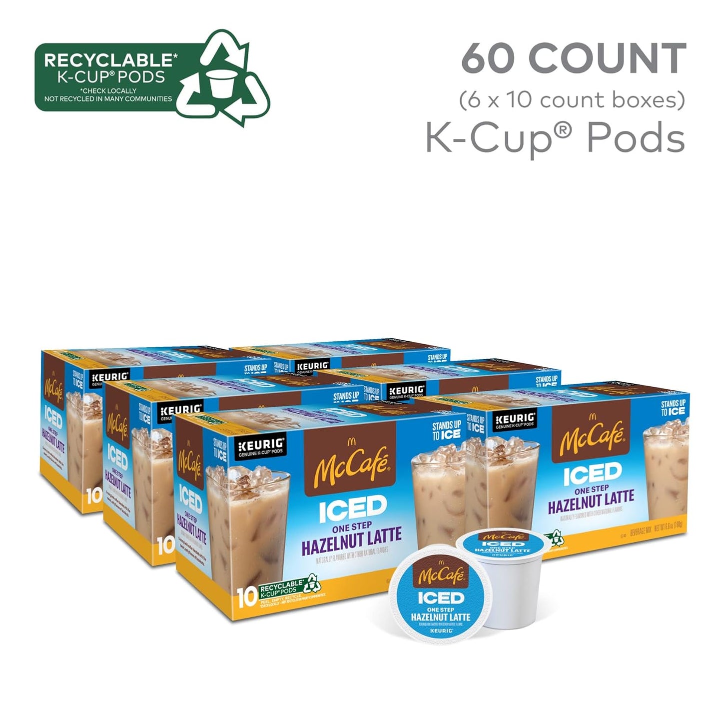 McCafe ICED One Step Hazelnut Latte, Keurig Single Serve K-Cup Pods, 60 Count (6 Packs of 10)