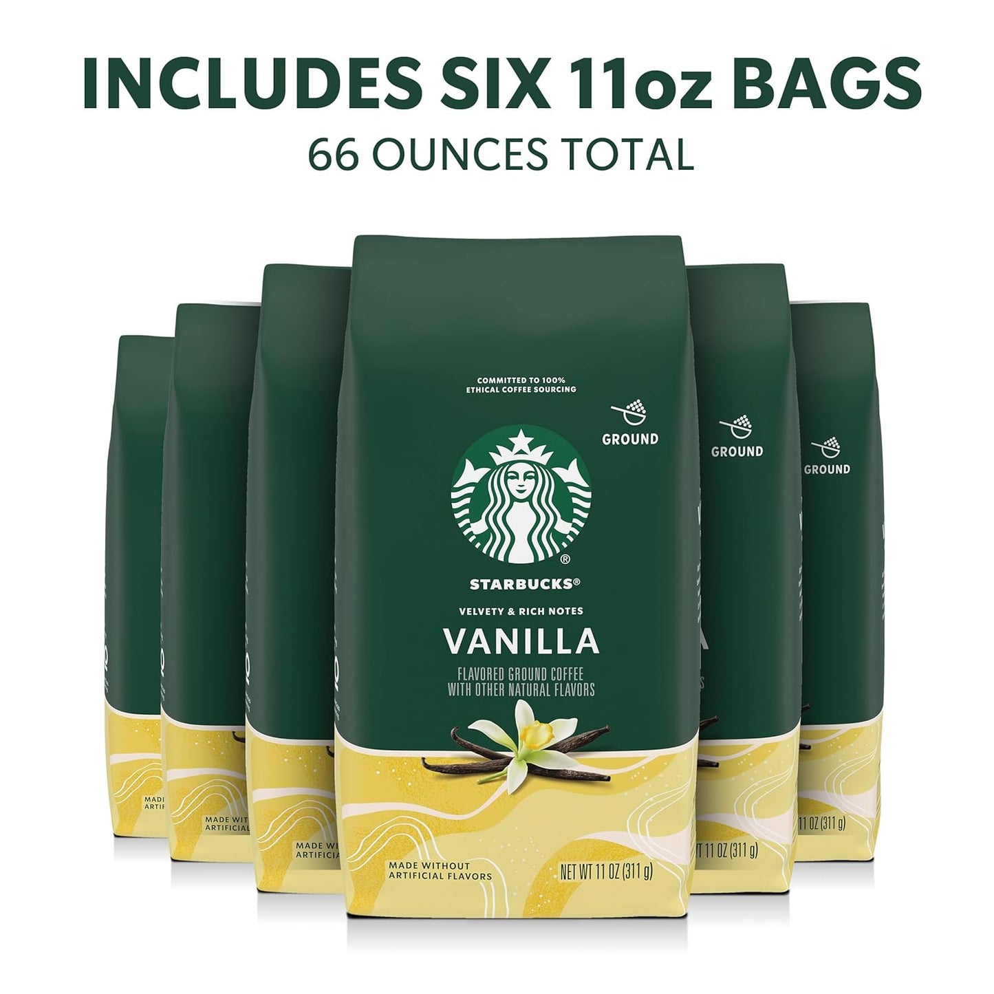 Starbucks Ground Coffee, Flavored Hot or Iced Coffee, Vanilla, 6 pk 11 oz Bags