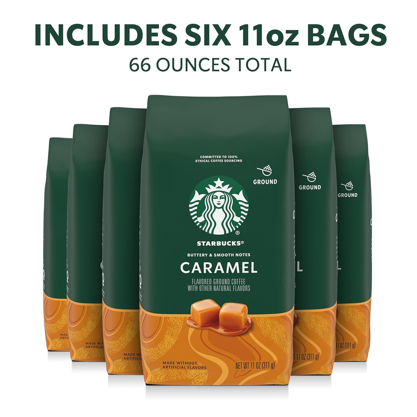 Starbucks Ground Coffee, Flavored Hot or Iced Coffee, Caramel, 6pk 11 oz Bags