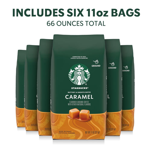 Starbucks Ground Coffee, Flavored Hot or Iced Coffee, Caramel, 6pk 11 oz Bags