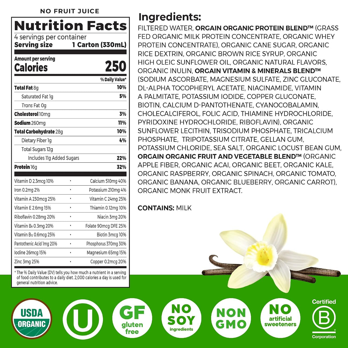 Orgain Organic Grass Fed Dairy 16g Protein Shake, Vanilla, 11oz, 4pk