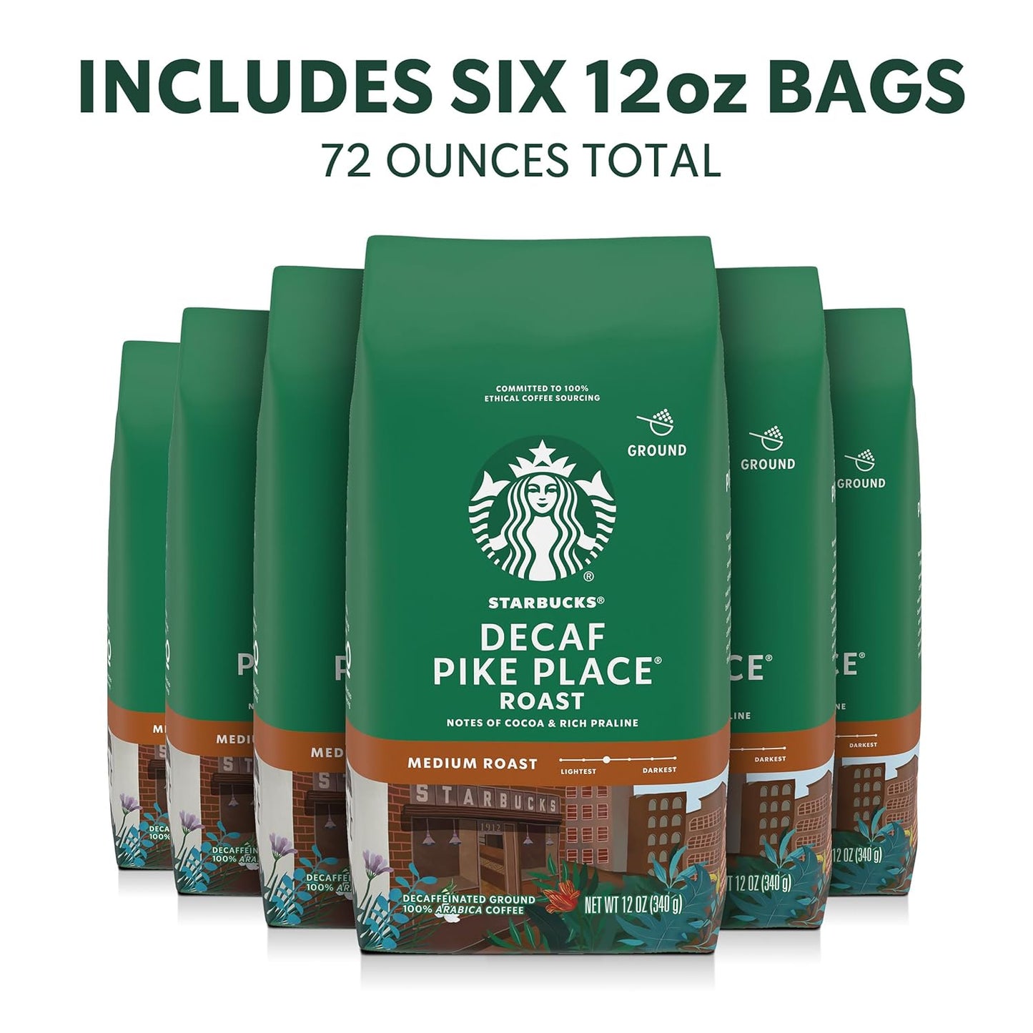 Starbucks Ground Coffee, Medium Roast Hot or Iced Coffee, Decaf Pike Place Roast, six 12 oz Bags