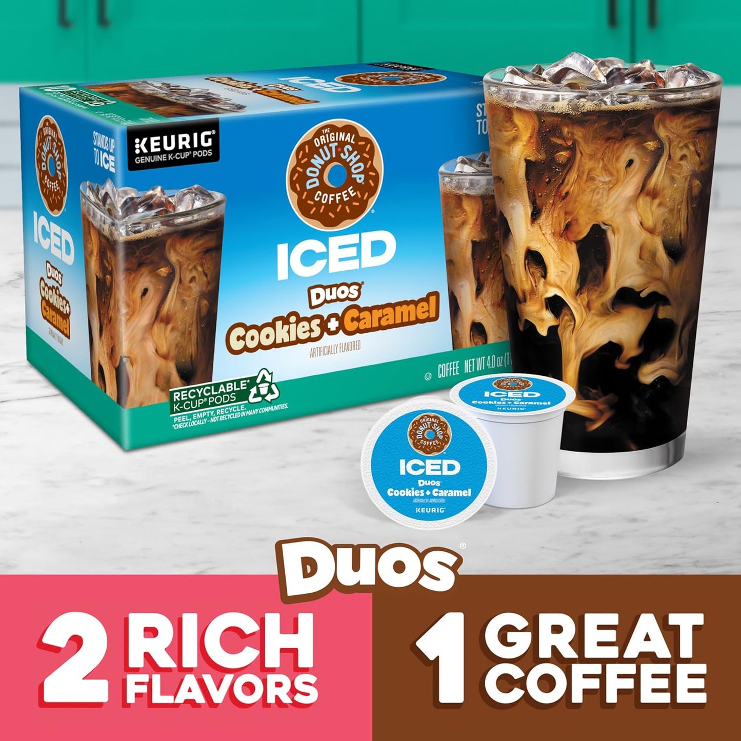The Original Donut Shop Iced Duos Cookies + Caramel Coffee, Keurig Single Serve K-Cup Pods, 8 packs of 12