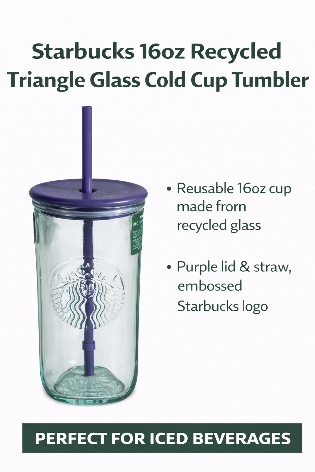 New Starbucks Recycled Triangle Glass 16oz Cold Cup Tumbler Purple