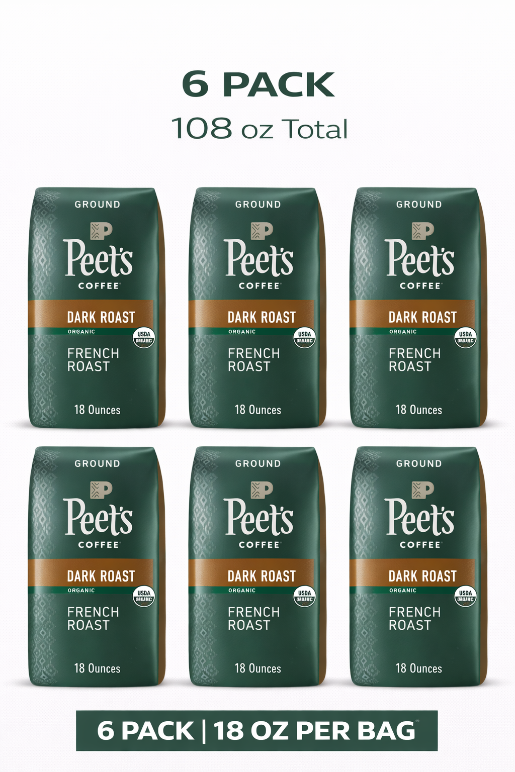 Peet's Coffee Dark Roast Ground Coffee Organic French Roast 18 Ounces 6 Bags
