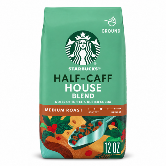 Starbucks Ground Coffee, Medium Roast Coffee Half-Caff House Blend, 100% Arabica 12 oz