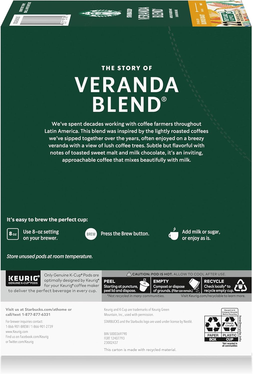Starbucks K-Cup Coffee Pods, Starbucks Blonde Roast Hot or Iced Coffee, Veranda Blend, 4pack 88 Keurig Pods