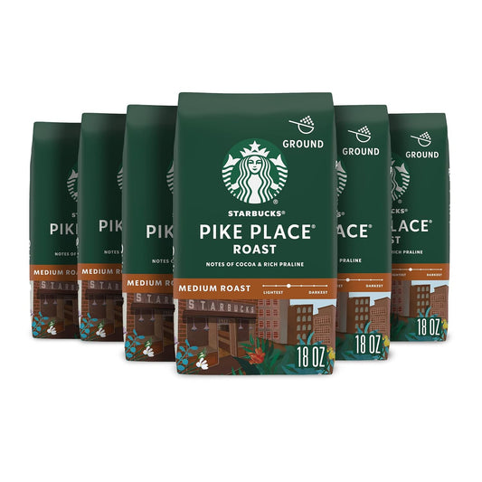 Starbucks Ground Coffee, Medium Roast Hot or Iced Coffee, Pike Place Roast, Six 18 oz Bags