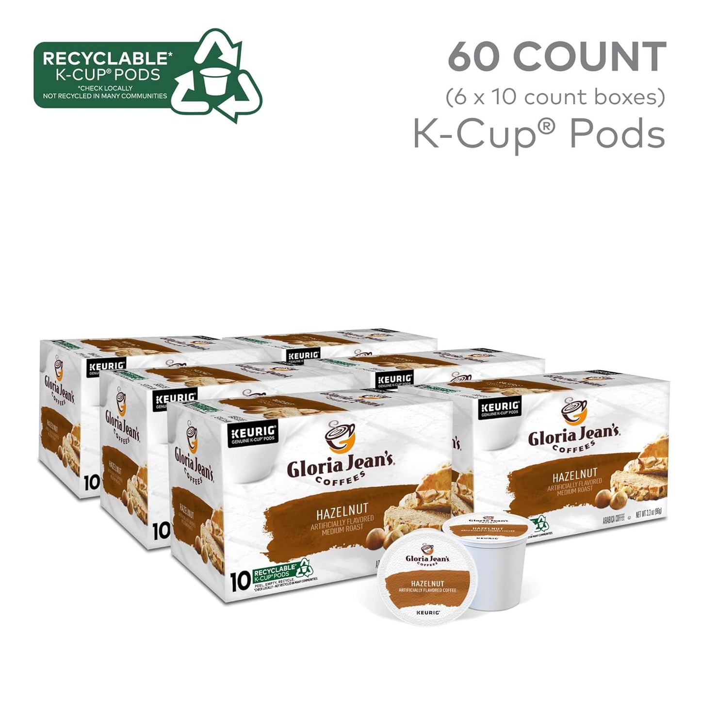 Gloria Jean's Hazelnut Keurig Single-Serve K-Cup Pods, Medium Roast Coffee, 60 Count (6 Packs of 10)