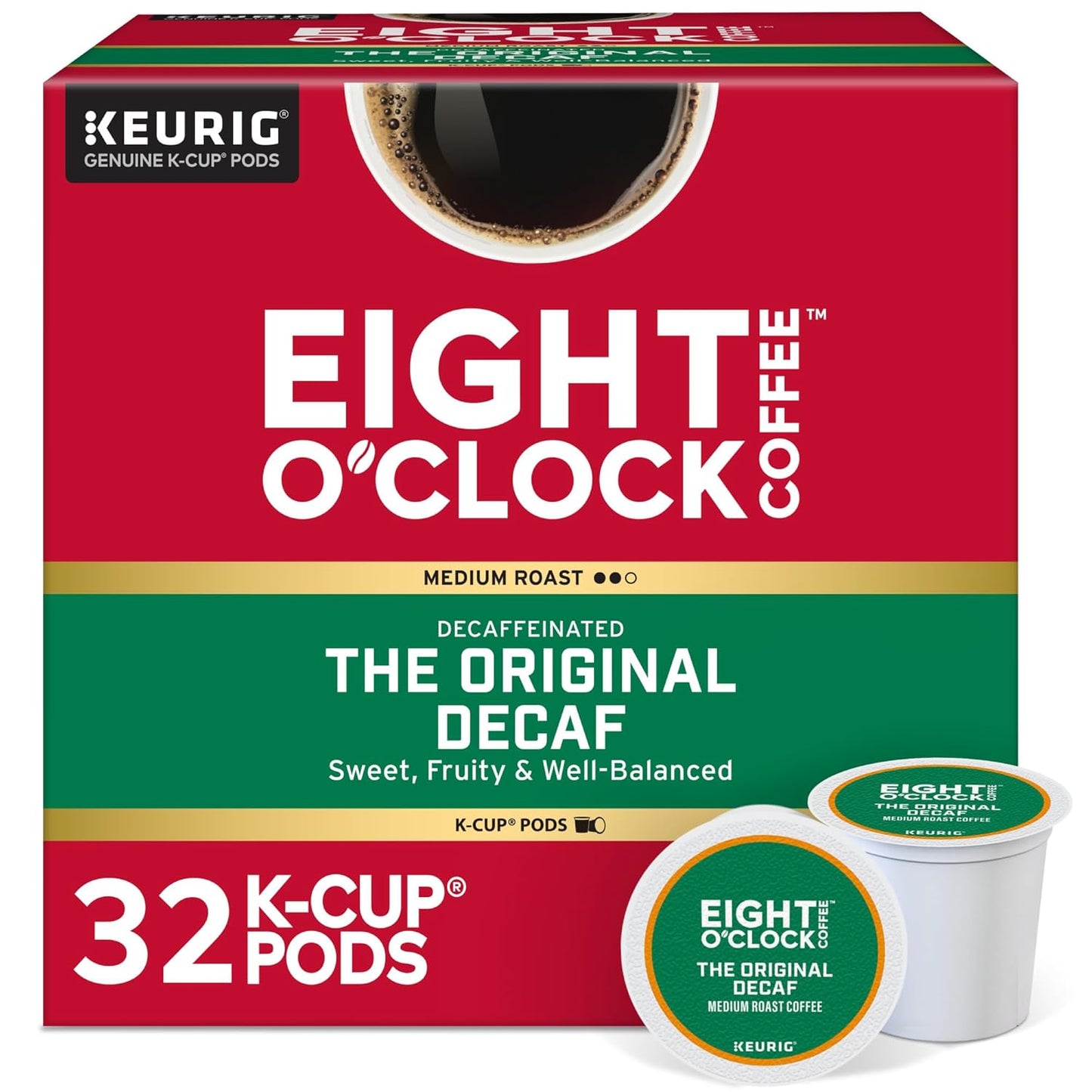 Eight O'Clock Coffee The Original Decaf, Single-Serve Keurig K-Cup Pods, Medium Roast Coffee Pods, 1 Count (Pack of 32)