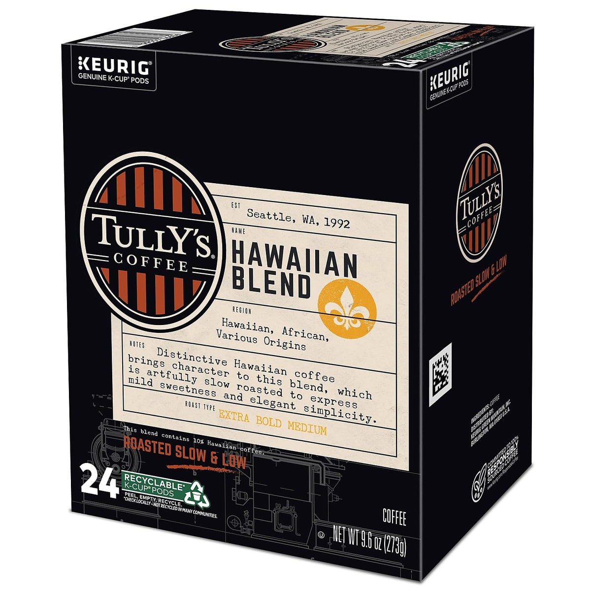Tully's Coffee Hawaiian Blend, Single-Serve Keurig K-Cup Pods, Medium Roast Coffee, 24 Count
