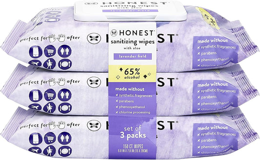 The Honest Company Sanitizing Alcohol Wipes Kills 99% of Germs, Made With Aloe Lavender, 150 Count (3 Packs of 50)