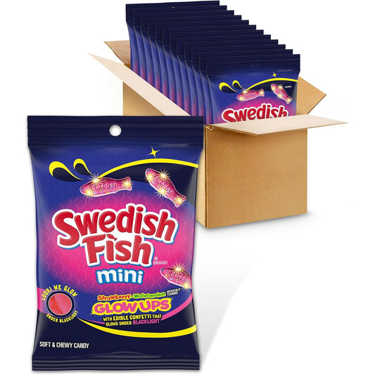 SWEDISH FISH Mini Glow Ups Strawberry-Watermelon Soft & Chewy Gummy Candy, Bulk Candy, 12 - 6.7 oz Bags