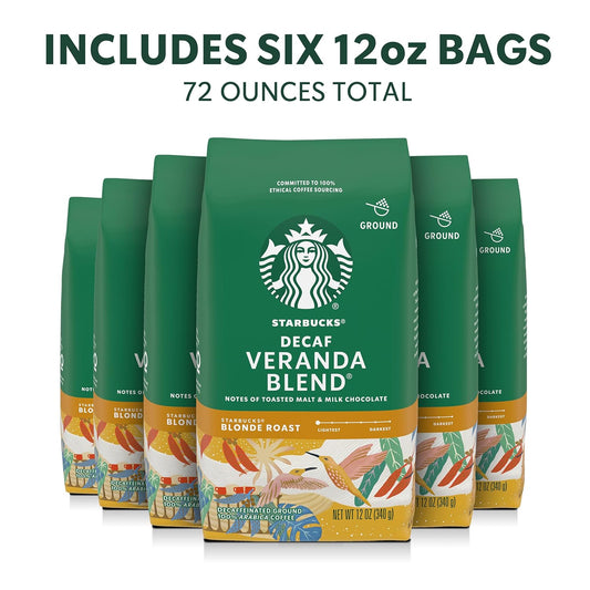 Starbucks Ground Coffee, Blonde Roast Hot or Iced Coffee, Decaf Veranda Blend, Six 12 oz Bags
