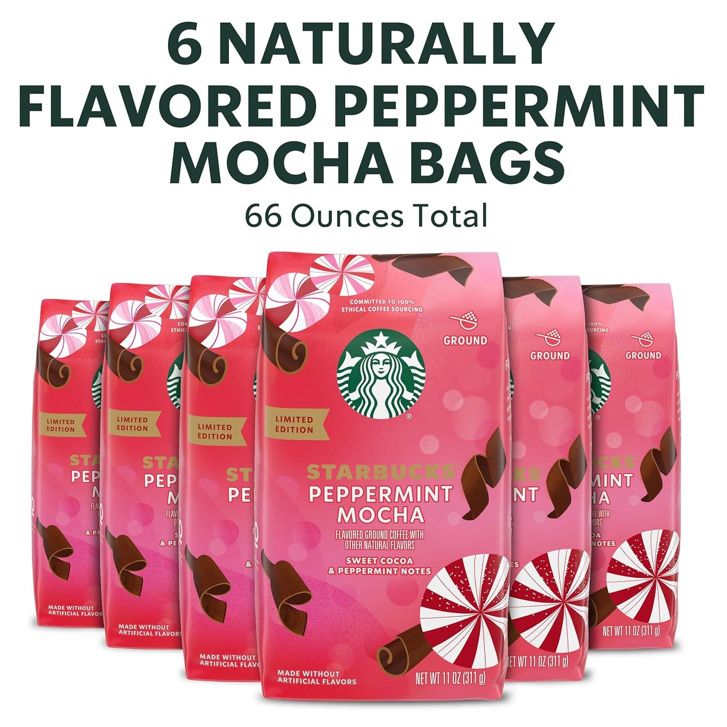 Starbucks Ground Coffee, Peppermint Mocha Naturally Flavored Coffee, 100% Arabica, Limited Holiday Edition, 6 Bags (11 Oz Each)