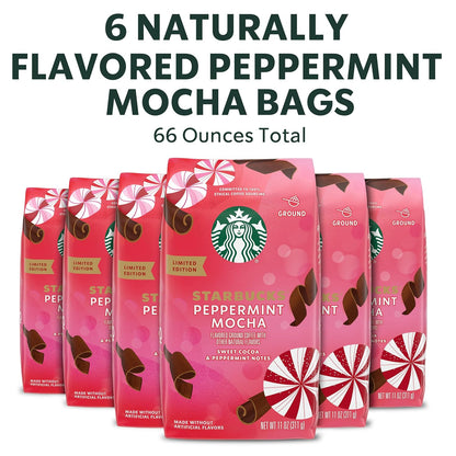 Starbucks Ground Coffee, Peppermint Mocha Naturally Flavored Coffee, 100% Arabica, Limited Holiday Edition, 6 Bags (11 Oz Each)