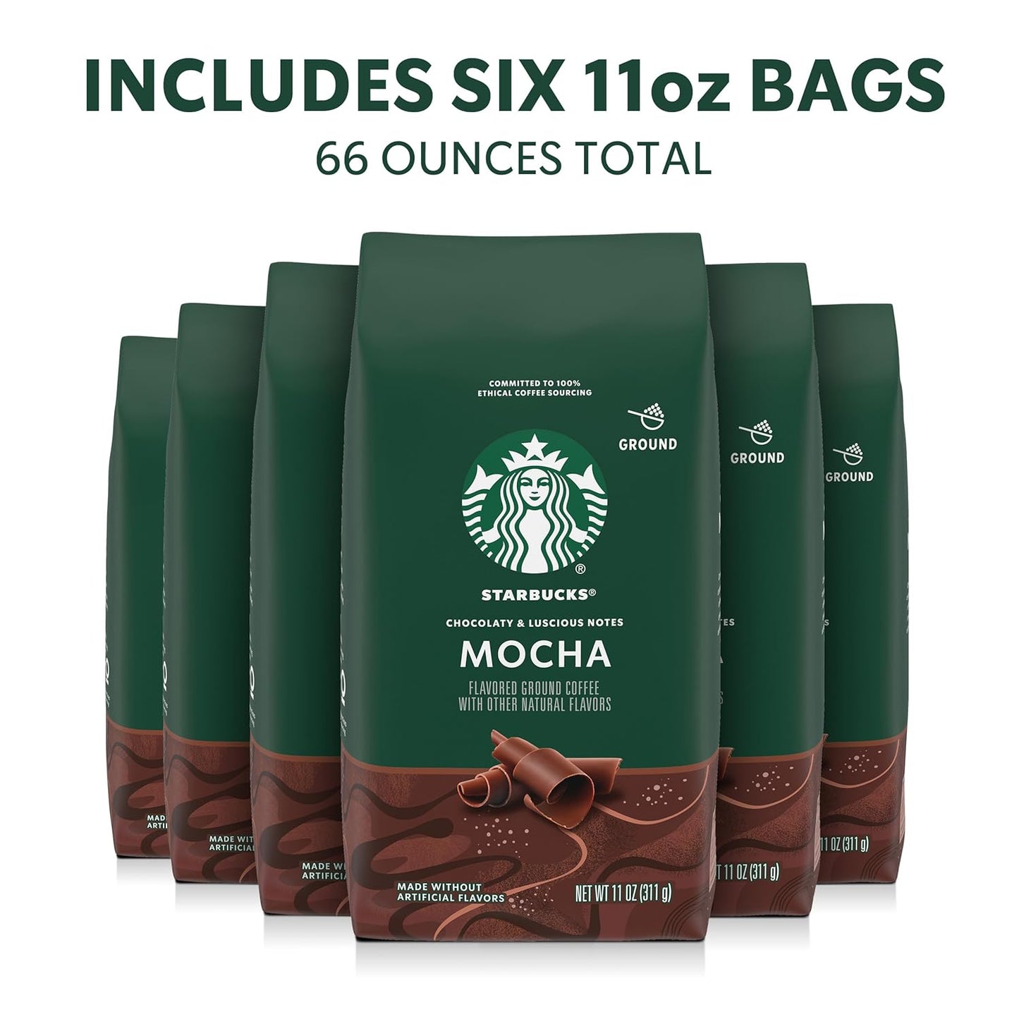 Starbucks Ground Coffee, Flavored Hot or Iced Coffee, Mocha, 6 pk 11 oz Bags