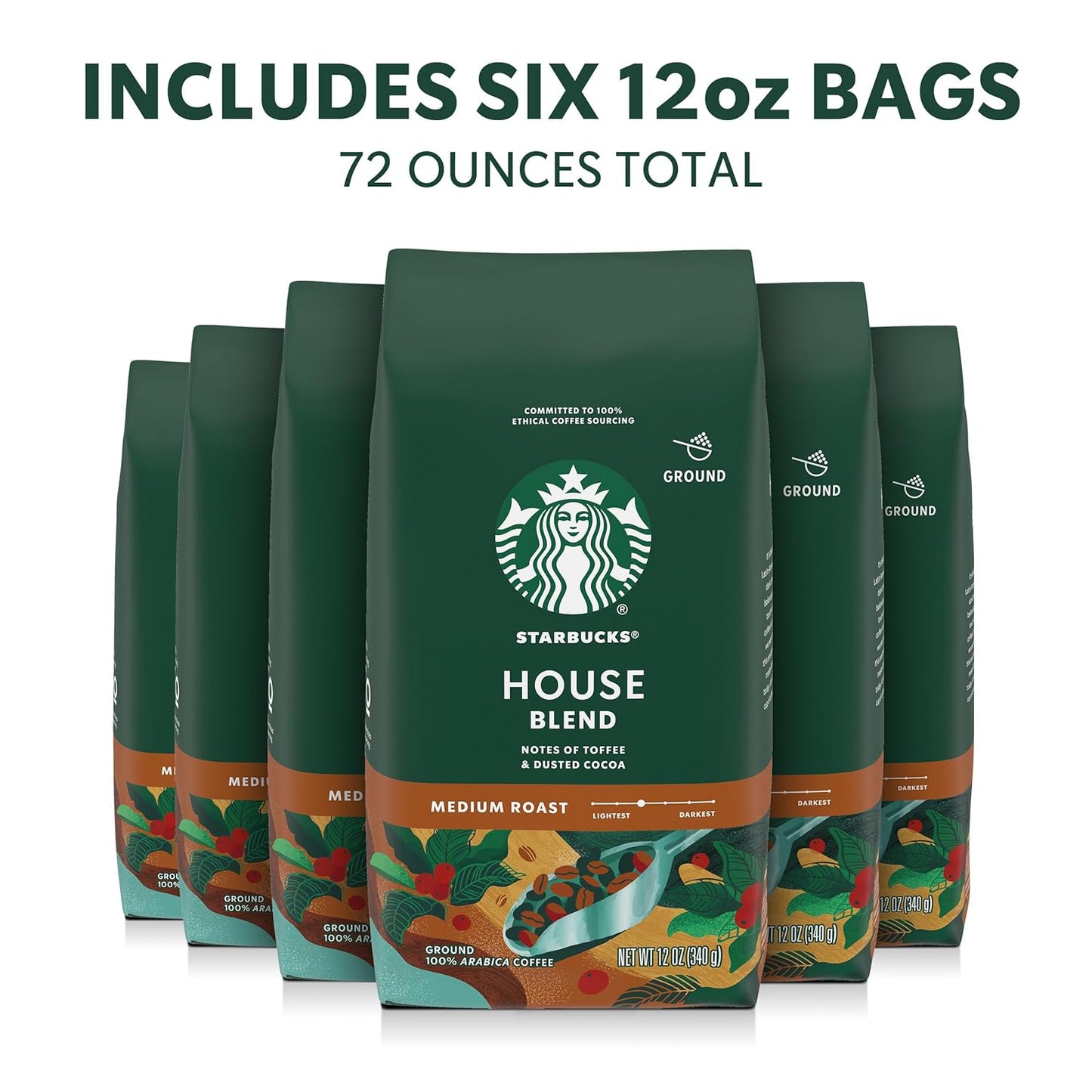 Starbucks Ground Coffee, Medium Roast Hot or Iced Coffee, House Blend, Six 12 oz Bags