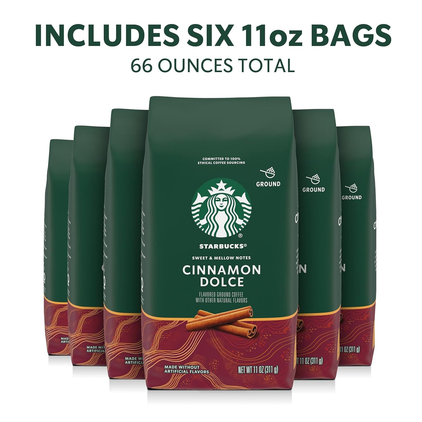 Starbucks Ground Coffee, Flavored Hot or Iced Coffee, Cinnamon Dolce, 6 pk 11 oz Bags