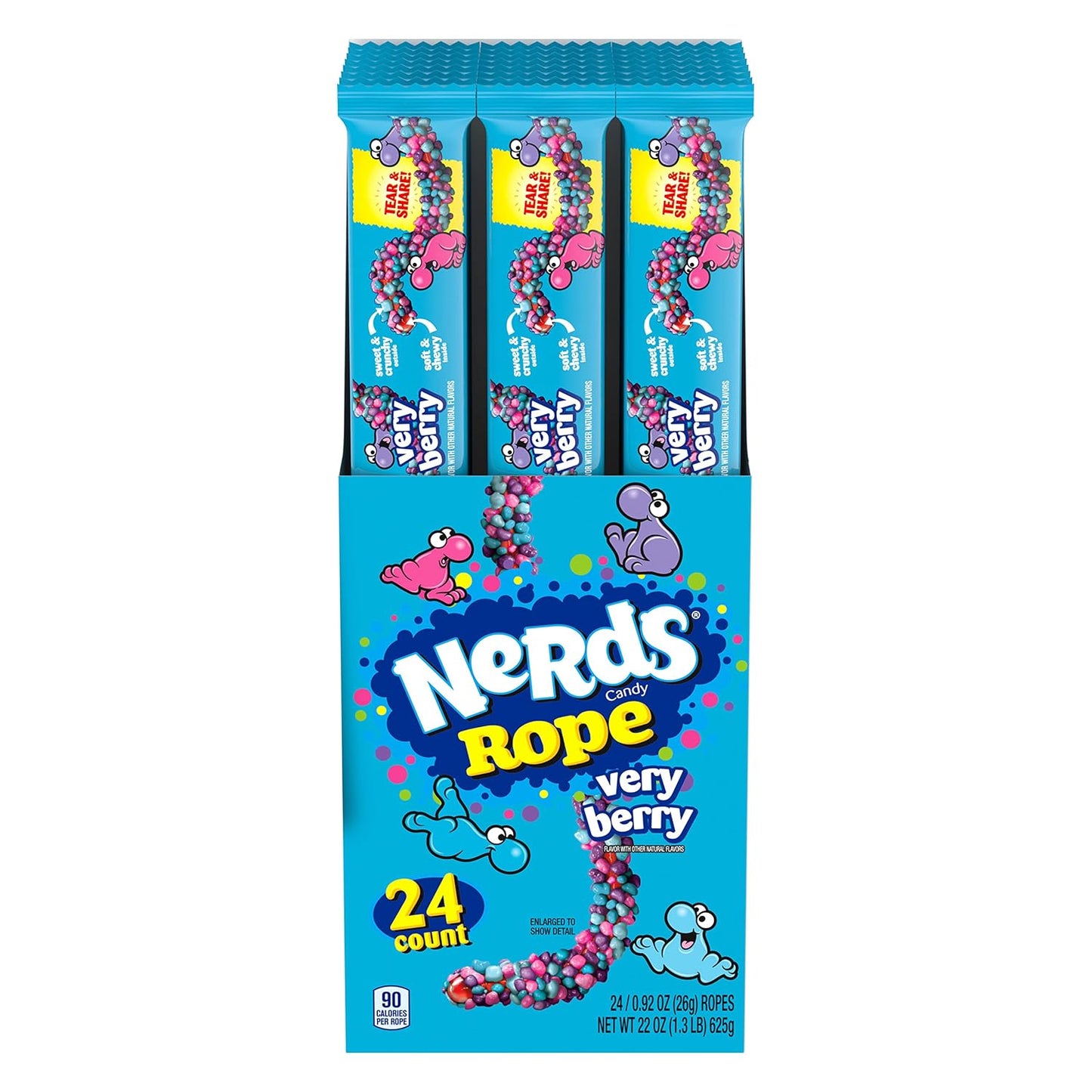 NERDS Rope Very Berry Candy, Crunchy & Gummy, 0.92 oz, 24 Pk | Gummy rope, tangy crunchy NERDS candy coating, berry flavors, individually wrapped