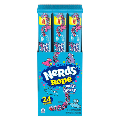 NERDS Rope Very Berry Candy, Crunchy & Gummy, 0.92 oz, 24 Pk | Gummy rope, tangy crunchy NERDS candy coating, berry flavors, individually wrapped