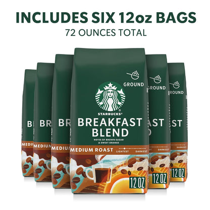 Starbucks Ground Coffee, Medium Roast Hot or Iced Coffee, Breakfast Blend, Six 12 oz Bags