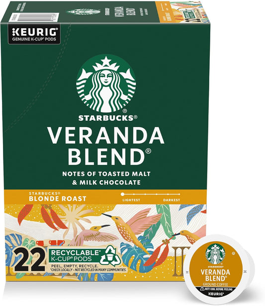 Starbucks K-Cup Coffee Pods, Starbucks Blonde Roast Hot or Iced Coffee, Veranda Blend, 22 Keurig Pods