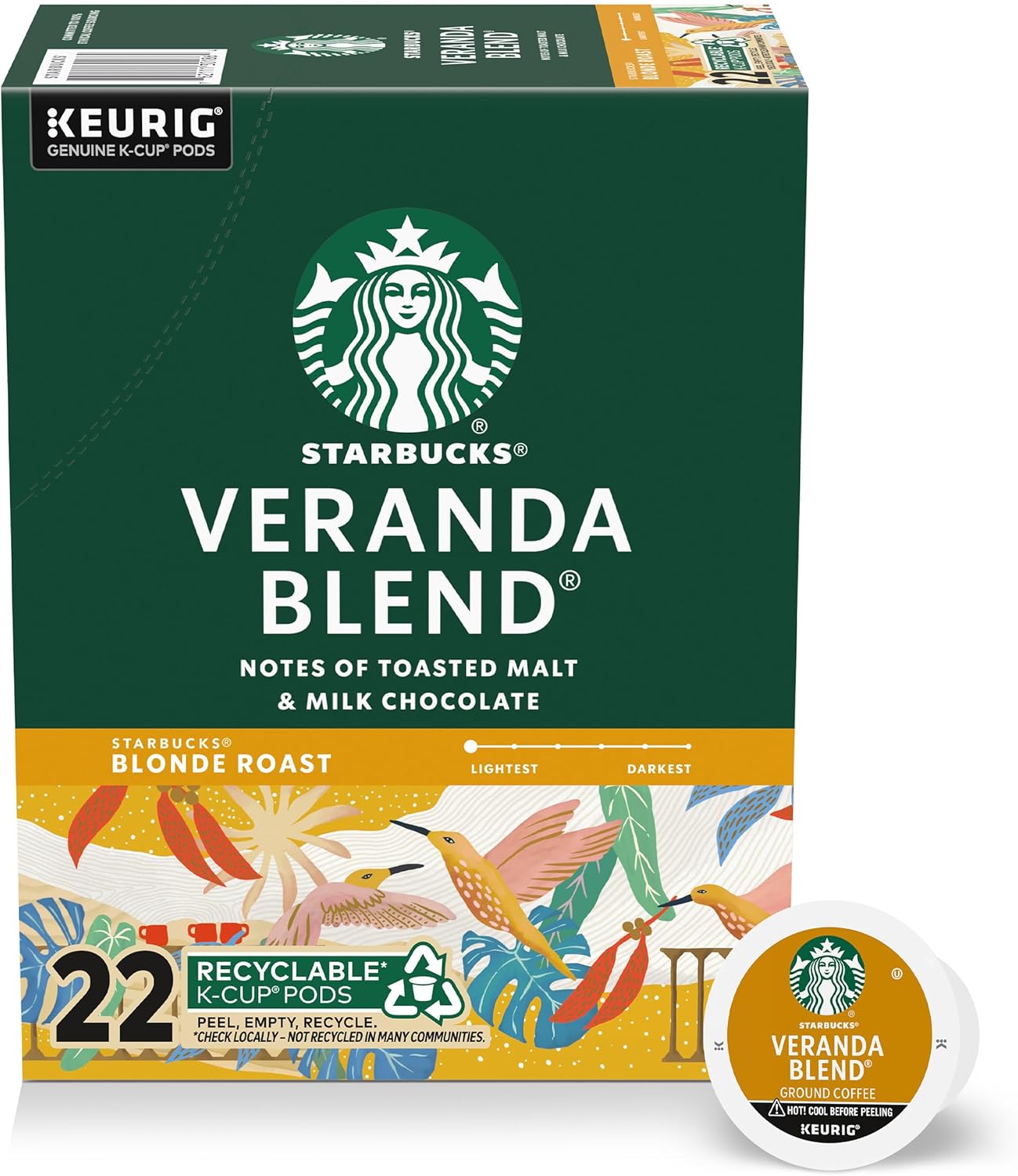 Starbucks K-Cup Coffee Pods, Starbucks Blonde Roast Hot or Iced Coffee, Veranda Blend, 4pack 88 Keurig Pods