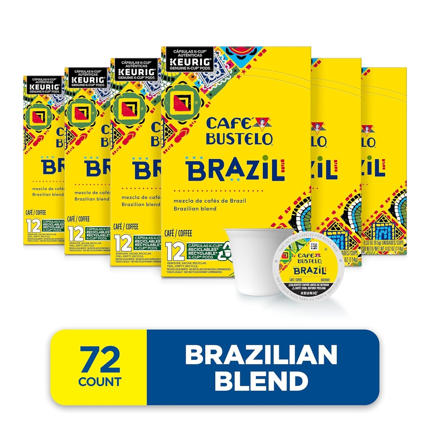 Café Bustelo Brazil, Brazilian Blend Coffee, Keurig K-Cup Pods, 12 Count Boxes (Pack of 6)