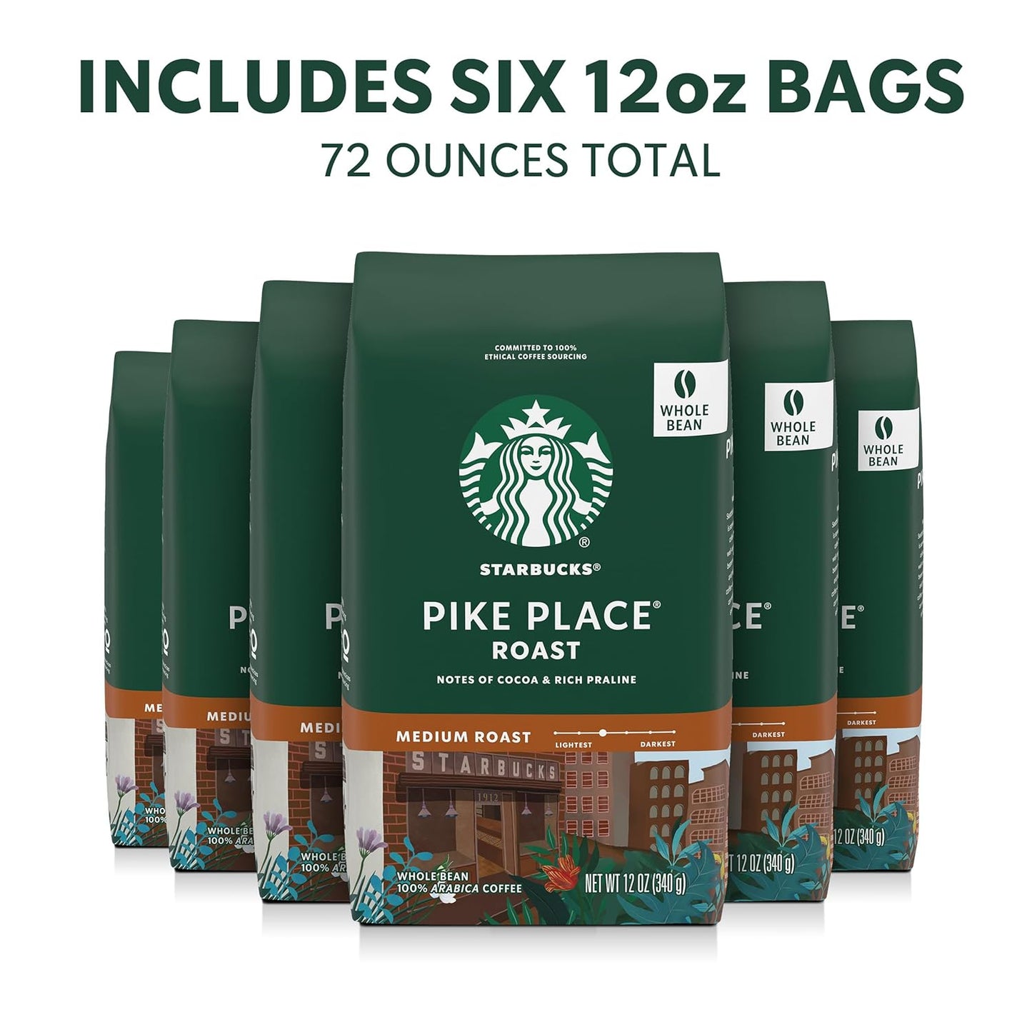 Starbucks Whole Coffee Beans, Medium Roast Hot or Iced Coffee, Pike Place Roast, Six 12 oz Bags