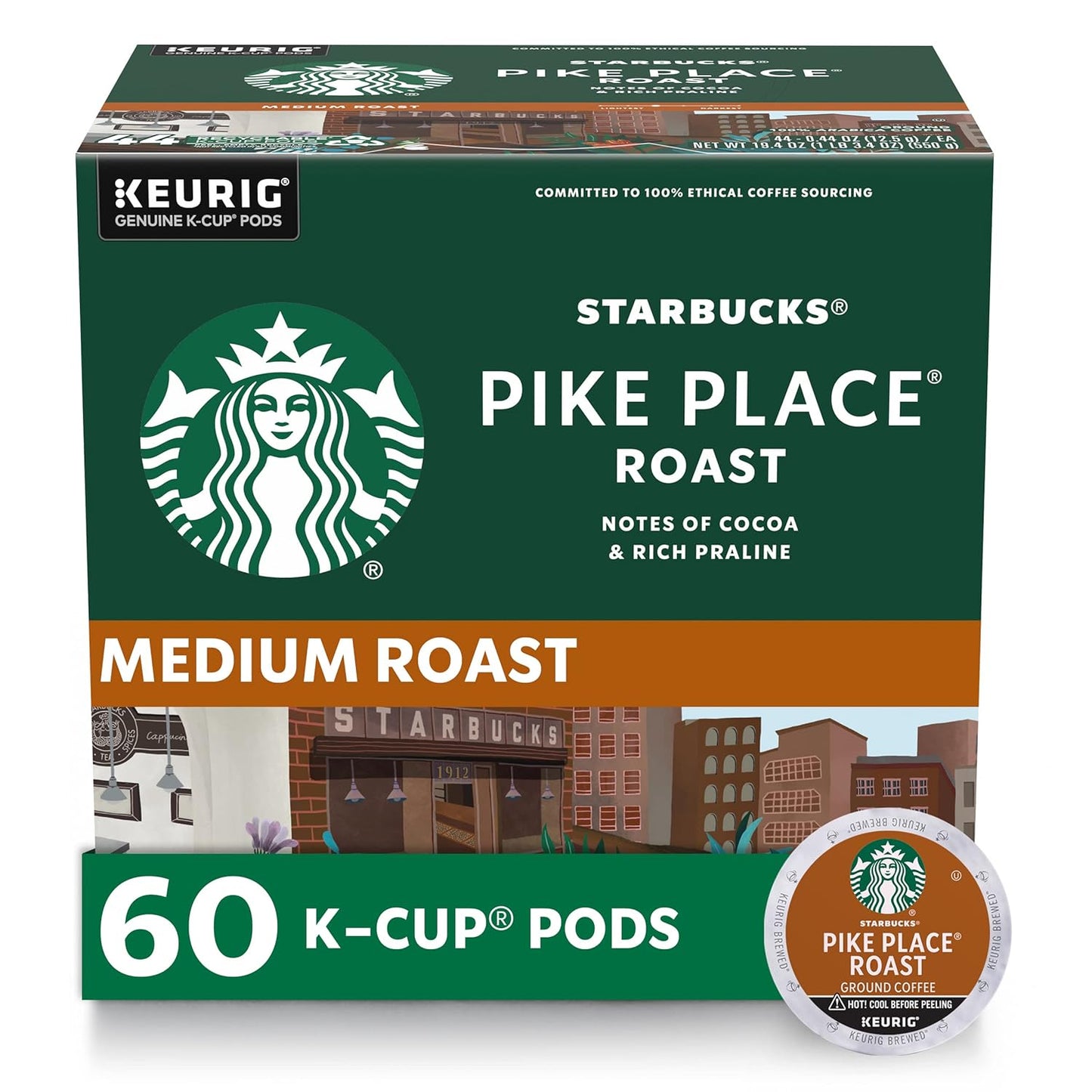 Starbucks K-Cup Coffee Pods, Medium Roast Hot or Iced Coffee, Pike Place Roast, 60 Keurig Pods