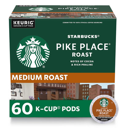Starbucks K-Cup Coffee Pods, Medium Roast Hot or Iced Coffee, Pike Place Roast, 60 Keurig Pods