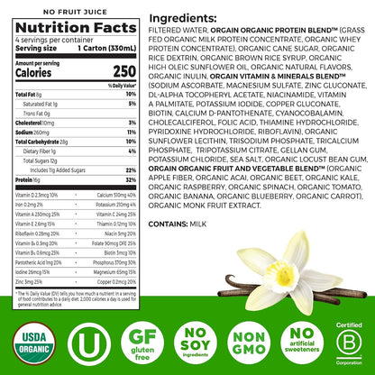 Orgain Organic Grass Fed Dairy 16g Protein Shake, Vanilla, 11oz, 4pk