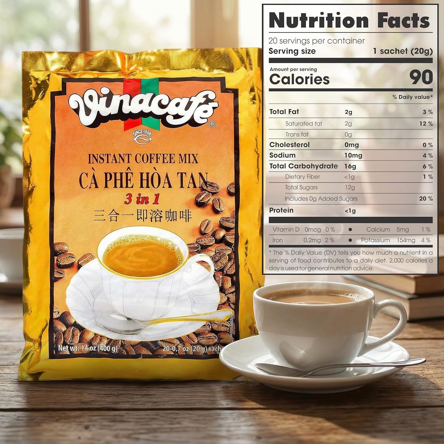 Vinacafe Instant Coffee Packets 3 in 1 Authentic Vietnamese Taste, Balanced Medium Roast Sachets (Pack of 6 | 20 Sachets Per Bag)