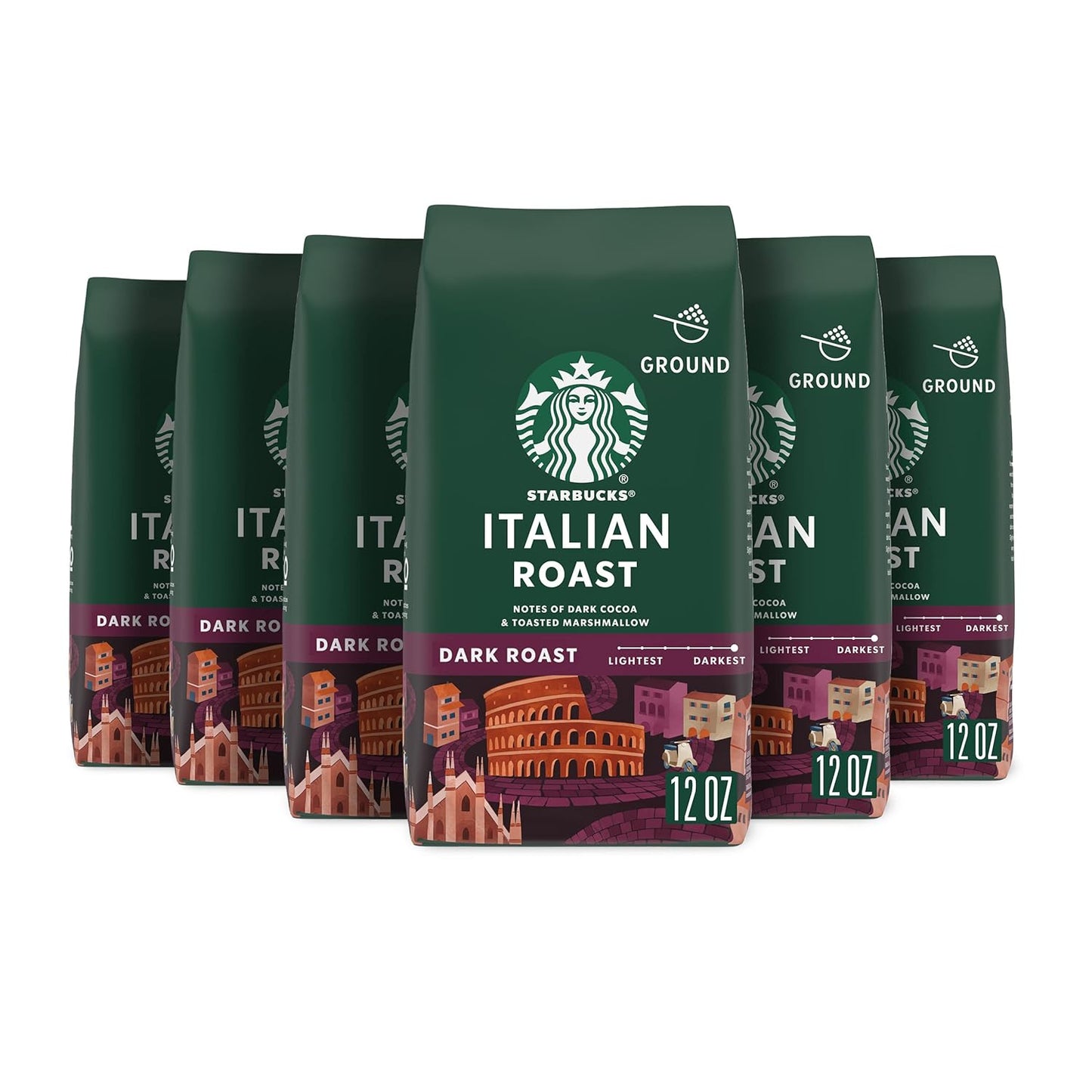 Starbucks Ground Coffee, Dark Roast Hot or Iced Coffee, Italian Roast, 6 pack 12 oz Bags