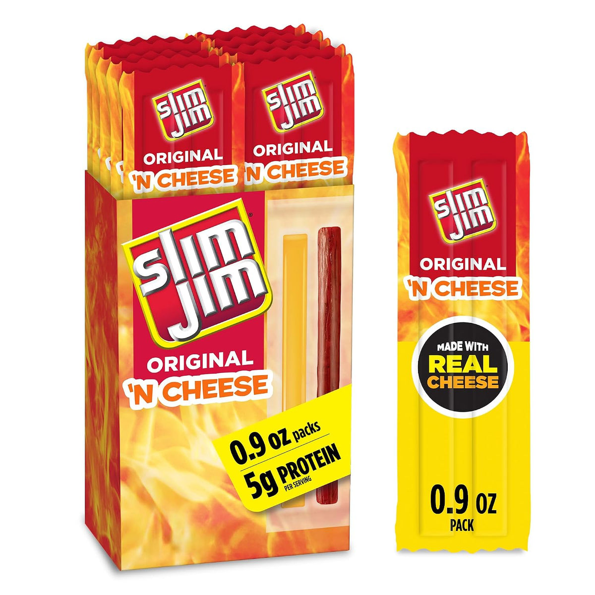 Slim Jim Smoked Jerky Meat Snack Sticks & Cheese, Original, 0.9 oz., 10-ct