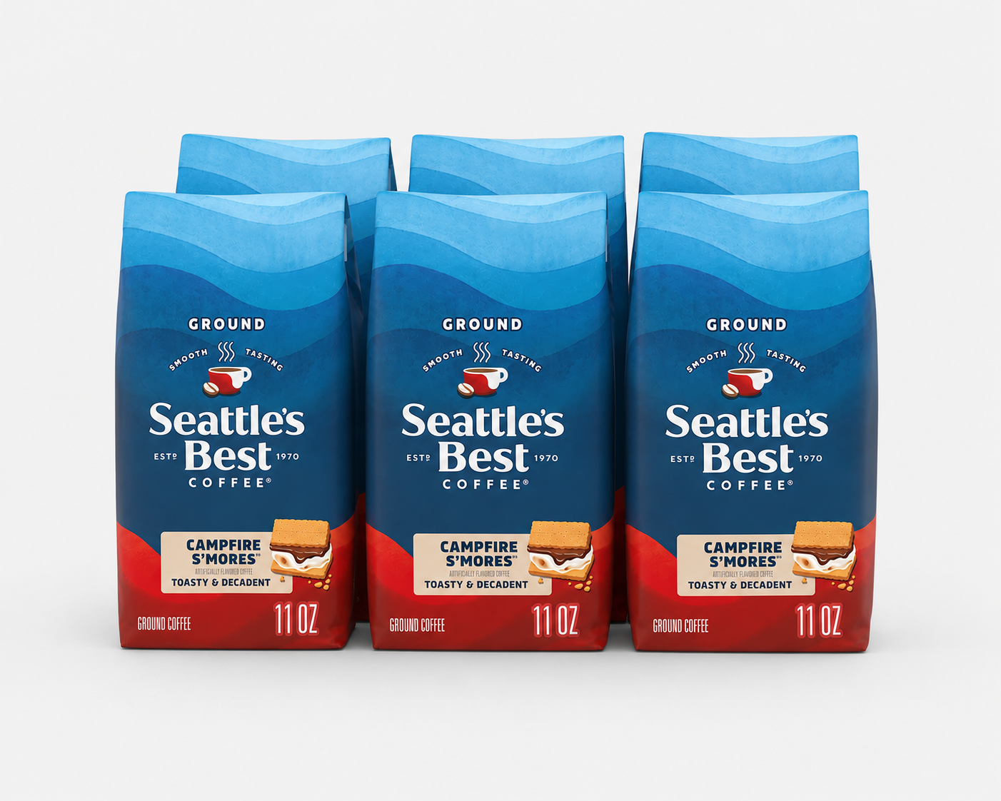 Seattle’s Best Coffee, Campfire S'mores, Flavored Roast Ground Coffee, 100% Arabica, 11 oz (6 pack)