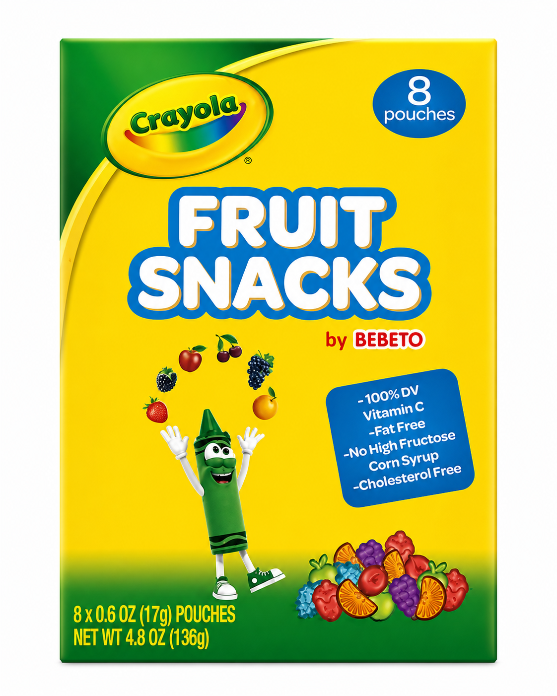 Crayola Fruit Snacks by Bebeto – 8 Pouches (0.6 oz Each) – Fat Free, Vitamin C, No Corn Syrup