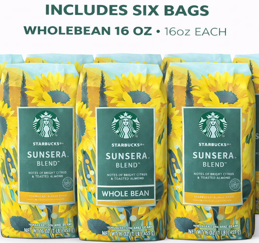 Starbucks Sunsera Blend Blonde Roast Coffee, Whole Bean, Citrus & Toasted Almond Notes, 16 oz 6 pack
