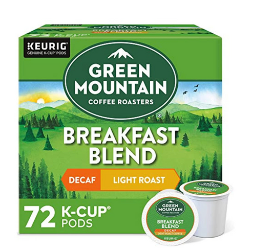 Green Mountain Coffee Roasters Breakfast Blend Decaf, Single-Serve Keurig K-Cup Pods, Light Roast Coffee, 72 Count