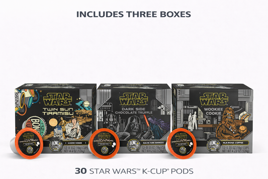 Bones Coffee Star Wars Bundle – 30ct K-Cup Pods Variety Pack (Twin Sun Tiramisu, Dark Side Chocolate Truffle, Wookiee Cookie) – Limited Edition Flavored Coffee Pods
