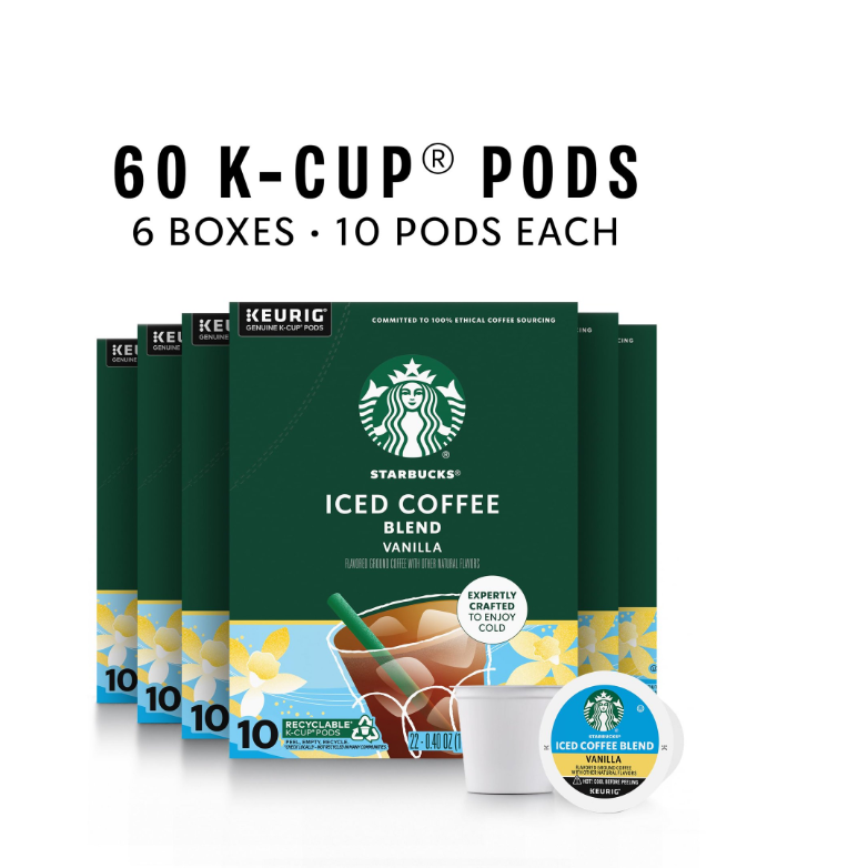 Starbucks K-Cup Coffee Pods, Iced Coffee Blend, Vanilla Naturally Flavored Coffee For Keurig Coffee Makers, 100% Arabica, 6 Boxes (60 Pods Total)