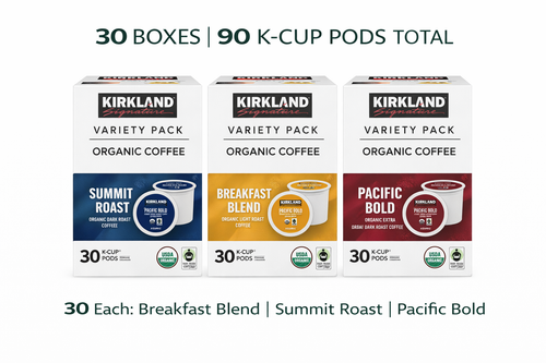 Kirkland Signature K‑Cup Variety Pack 90ct Breakfast Blend, Summit Roast & Pacific Bold Coffee Pods package may vary