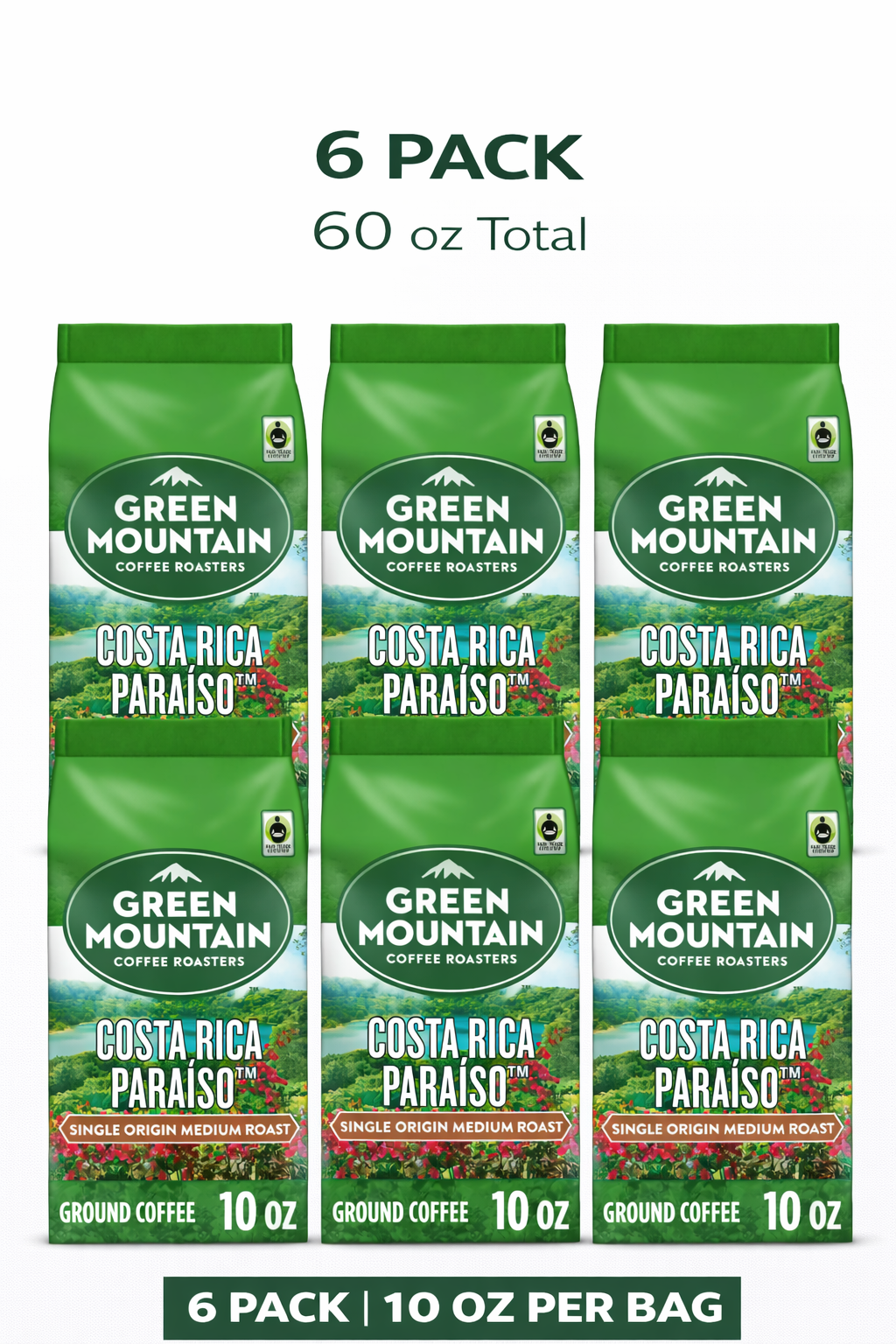 Green Mountain Coffee, Costa Rica Paraiso, Medium Roast, Fair Trade Certified Ground Coffee, Bagged 10 oz 6 pack
