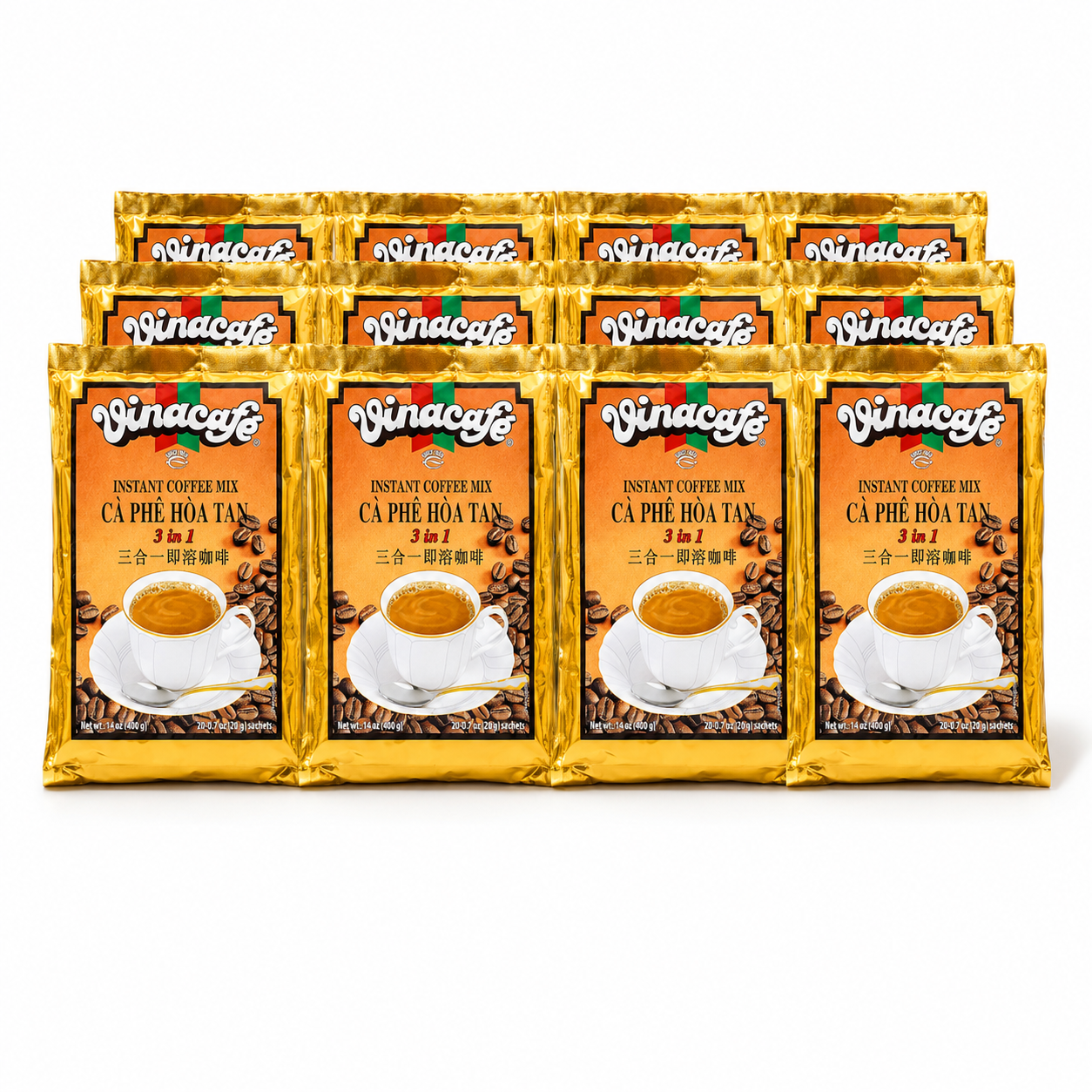 Vinacafe Instant Coffee Packets 3 in 1 Authentic Vietnamese Taste, Balanced Medium Roast Sachets (Pack of 12) 20 Sachets Per Bag