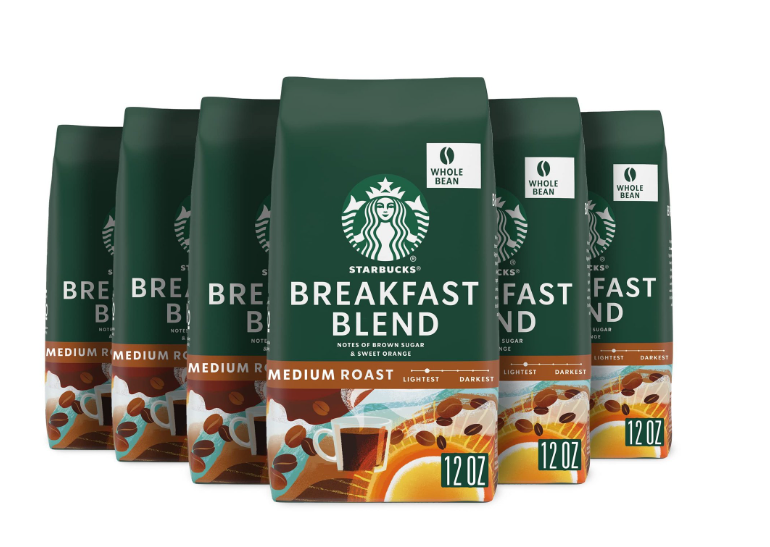 Starbucks Whole Bean Coffee, Medium Roast, Breakfast Blend 6 Bags 12 Oz