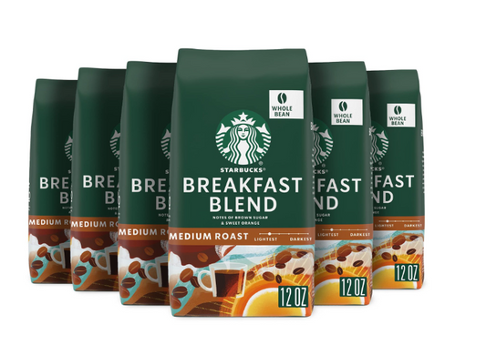 Starbucks Whole Bean Coffee, Medium Roast, Breakfast Blend 6 Bags 12 Oz