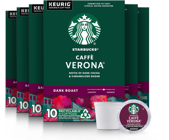 Starbucks K-Cup Coffee Pods, Dark Roast Hot or Iced Coffee, Caffè Verona, 10 Keurig Pods