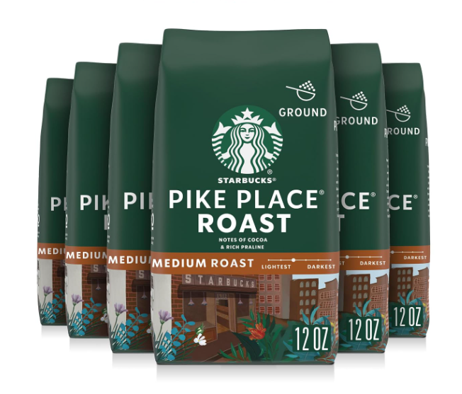 Starbucks Ground Coffee, Medium Roast Hot or Iced Coffee, Pike Place Roast, 12 oz Bags